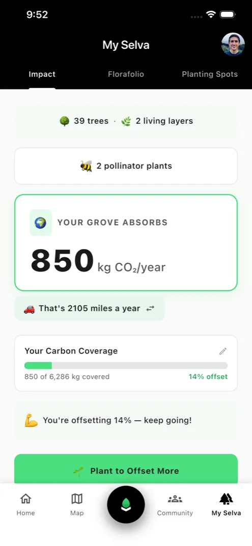 Selva app showing personal environmental impact with CO₂ offset stats