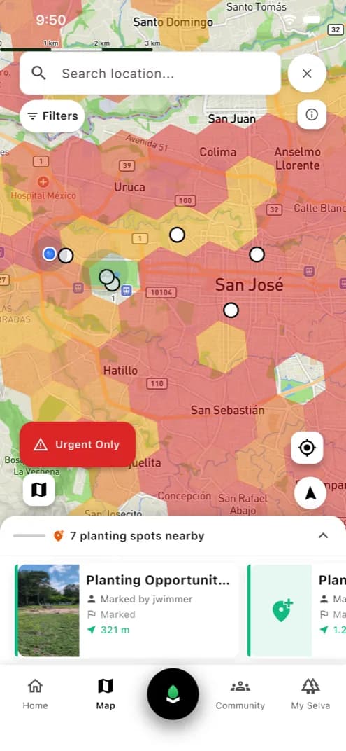 Selva app priority map highlighting areas that need attention most